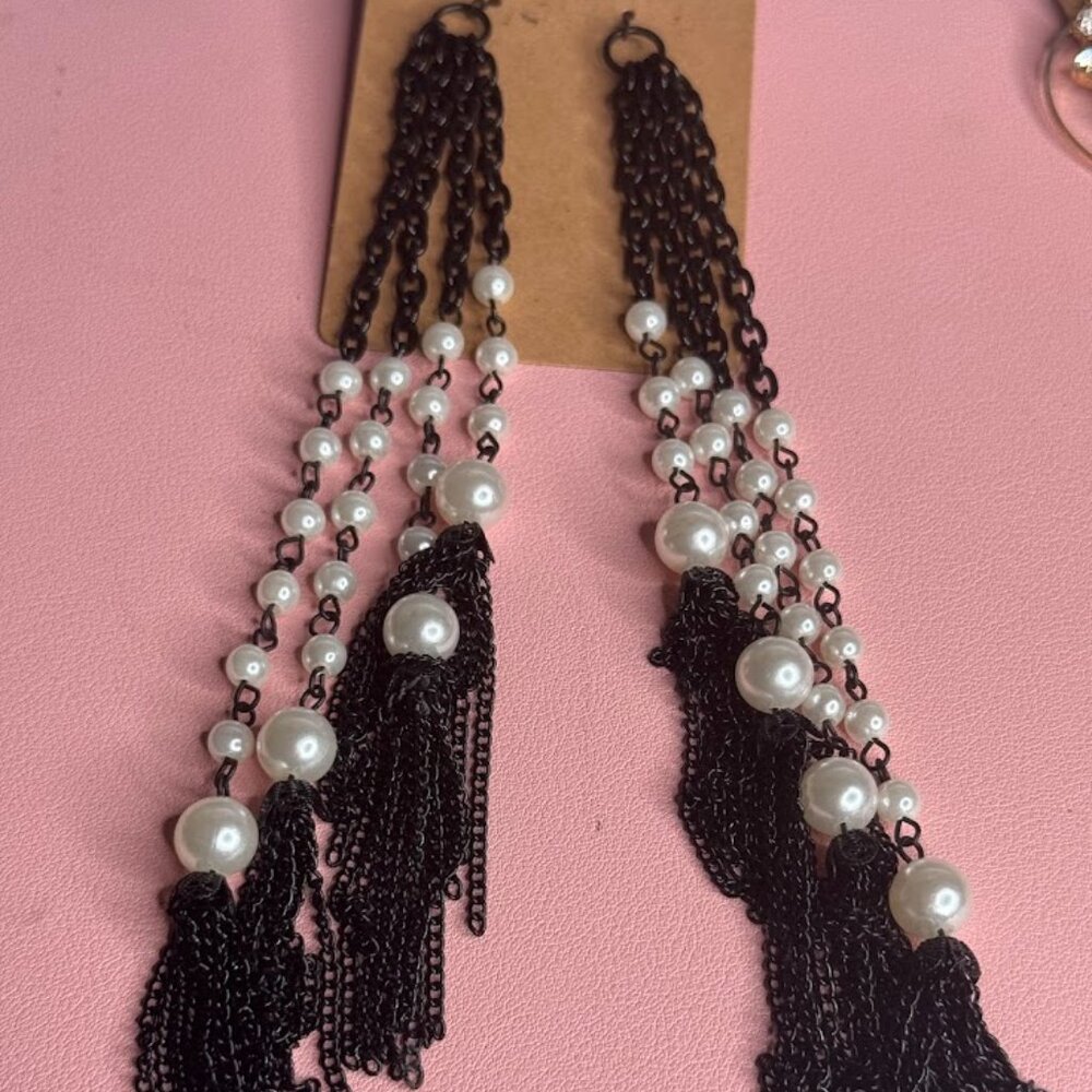 Chain Tassel Pearl Embellished Statement  Earrings
